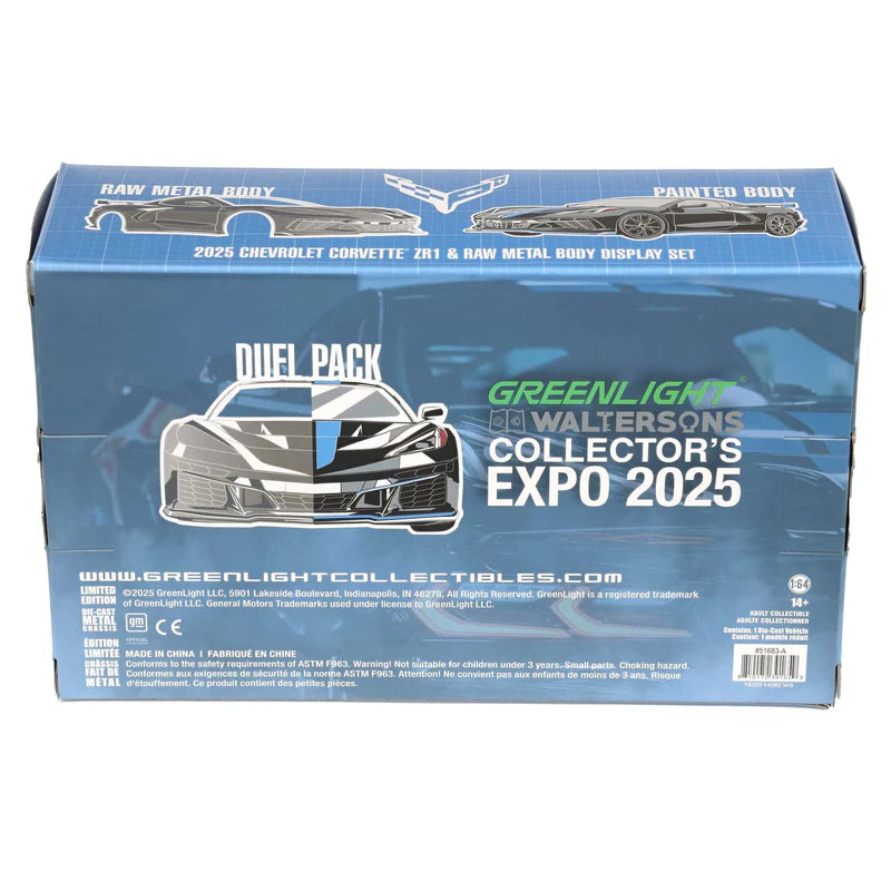 GreenLight Waltersons Collector’s Expo Exclusive 1:64 2025 Chevrolet Corvette C8 ZR1 Black with Blue Stripes and Raw Casting GL51683-A