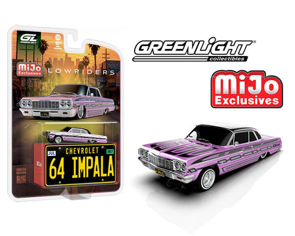 (PRE-ORDER 2026) 1964 Chevrolet Impala SS Lowriders MiJo Exclusives Pink with Metal License Plate - Greenlight 1:64 - GL51757-A