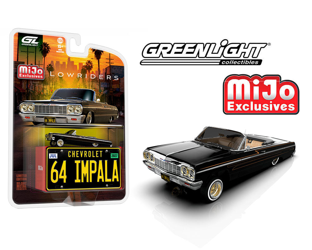 (PRE-ORDER 2026) 1964 Chevrolet Impala SS Convertible Lowriders MiJo Exclusives Black with Metal License Plate - Greenlight 1:64 - GL51757-B