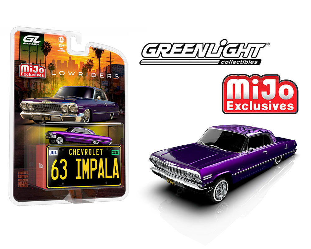 (PRE-ORDER 2026) 1963 Chevrolet Impala SS Lowriders MiJo Exclusives Candy Purple with Metal License Plate - Greenlight 1:64 - GL51757-C