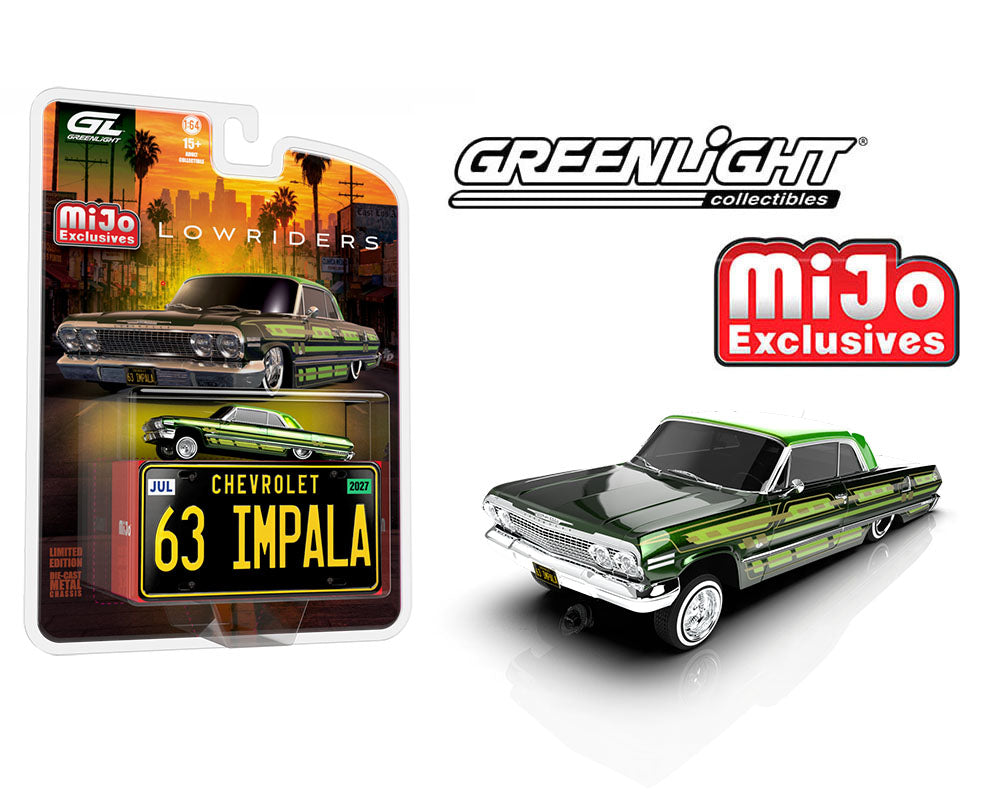 (PRE-ORDER 2026) 1963 Chevrolet Impala SS Lowriders MiJo Exclusives Dark Green with Metal License Plate - Greenlight 1:64 - GL51757-D
