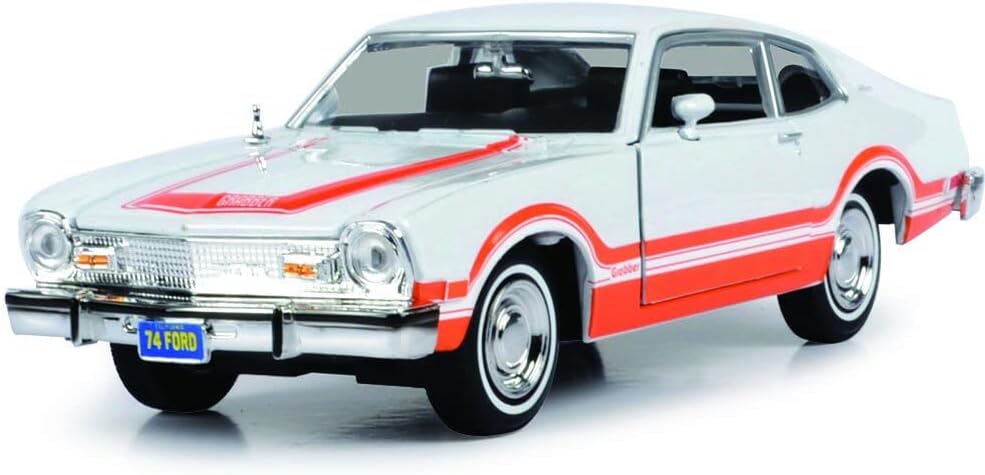1974 Ford Maverick Grabber White with Orange Stripes – Motormax 1:24 Forgotten Classics – 79043WH