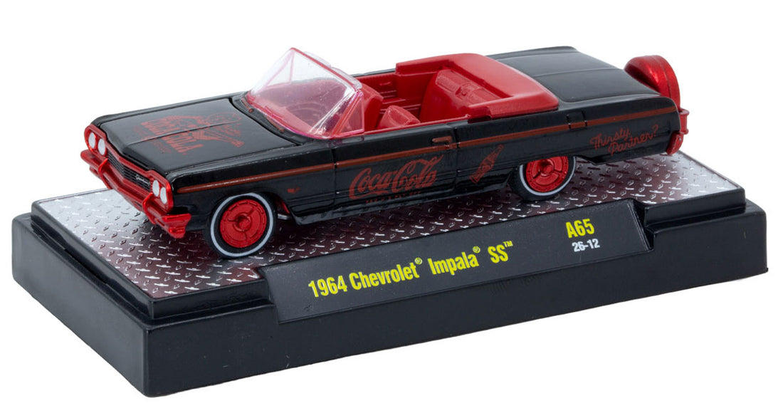 CHASE CAR – M2 Machines 1:64 Coca-Cola 1964 Chevrolet Impala SS – Black &amp; Red – Red Chrome Wheels – 52500-A65-A-CHASE