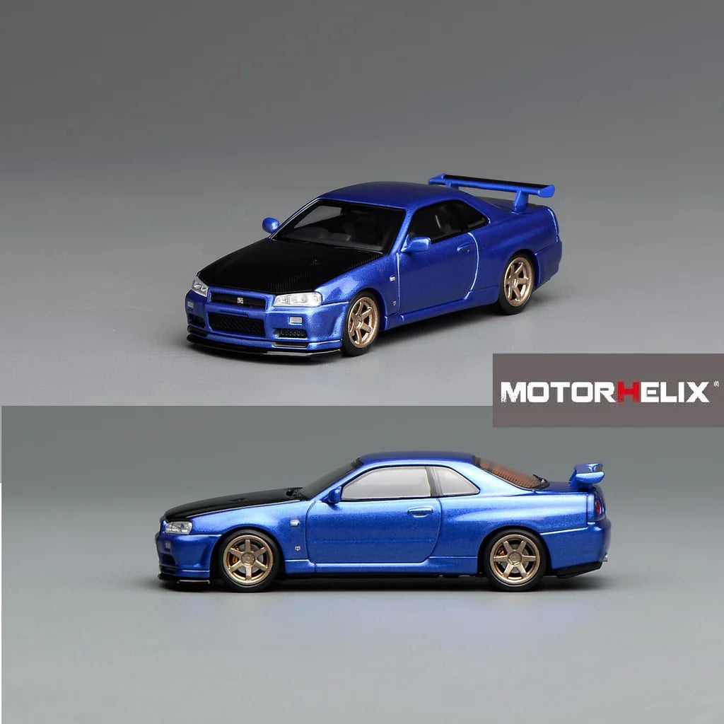 (PRE-ORDER 2026) Motorhelix 1/64 - Nissan Skyline GT-R (R34) V-SPEC II Customized Bayside Blue w/ Carbon Fiber Hood - M63451