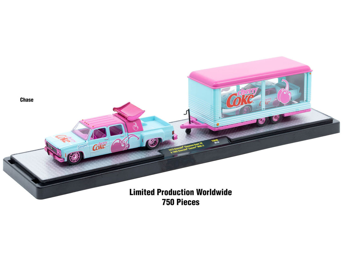 CHASE CARS-M2 Machines-1973 Chevrolet Cheyenne Super 30 with 1985 Chevrolet Camaro IROC-Z - Cherry Coke (CHASE-56000-TW40B)