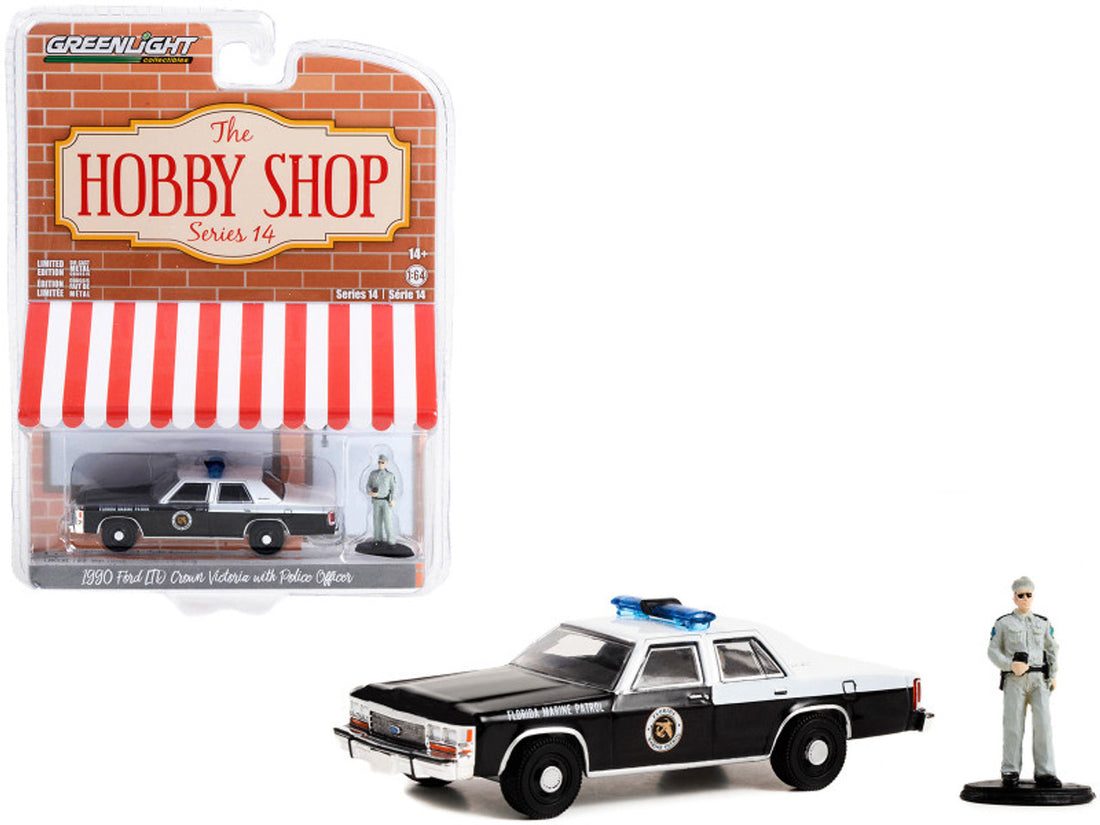 1990 Ford LTD Crown Victoria Police Black and White "Florida Marine Patrol" and Police Officer, The Hobby Shop Series 14
