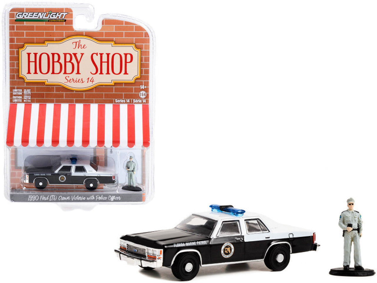1990 Ford LTD Crown Victoria Police Black and White "Florida Marine Patrol" and Police Officer, The Hobby Shop Series 14