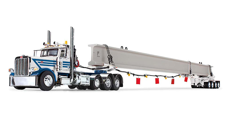 Peterbilt Model 389 Day Cab in White and Blue with ERMC 4-Axle Hydra-Steer Trailer and Bridge Beam Section Load
