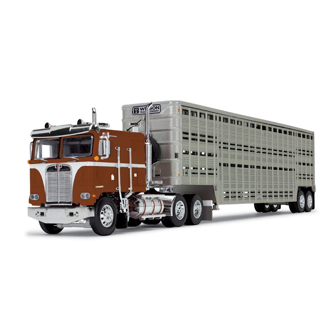 Kenworth K100 COE Flat Top &amp; 45’ Wilson Vintage Livestock Trailer Brown/Silver 1:64