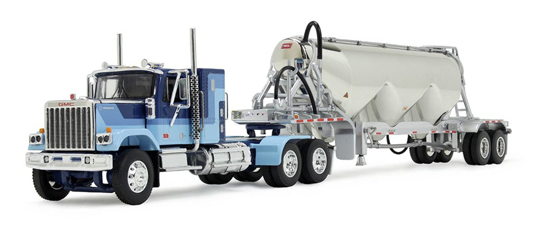 Blue &amp; Light Blue GMC General with 34&quot; Flat-Top Sleeper &amp; Pneumatic Trailer 60-1924, DCP by First Gear, 1/64