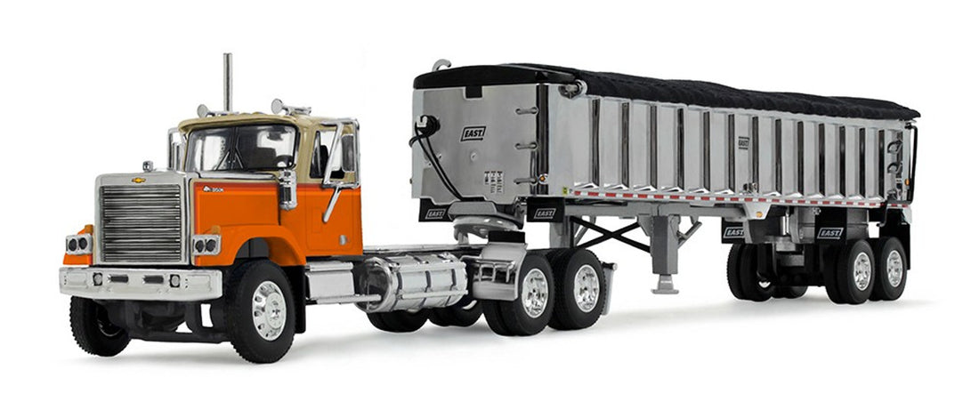 Orange Chevy Bison with East End Dump Trailer 60-1925, DCP by First Gear, 1/64