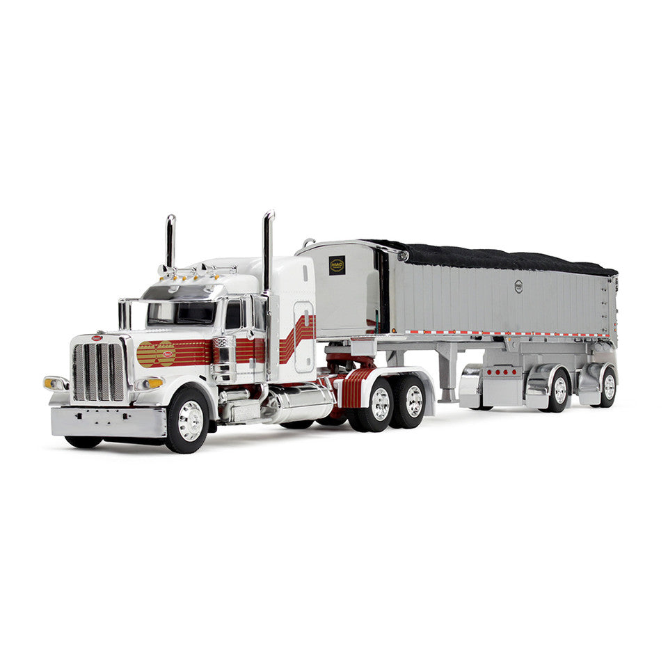 Peterbilt Model 389 With 48" Mid-Roof Sleeper &amp; MAC Coal End Dump Trailer (White/Red/Gold)