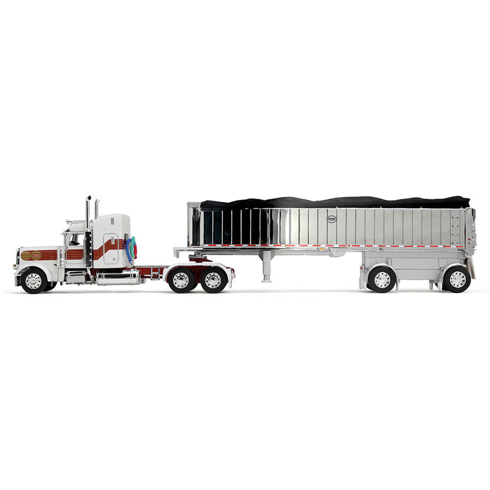Peterbilt Model 389 With 48" Mid-Roof Sleeper &amp; MAC Coal End Dump Trailer (White/Red/Gold)