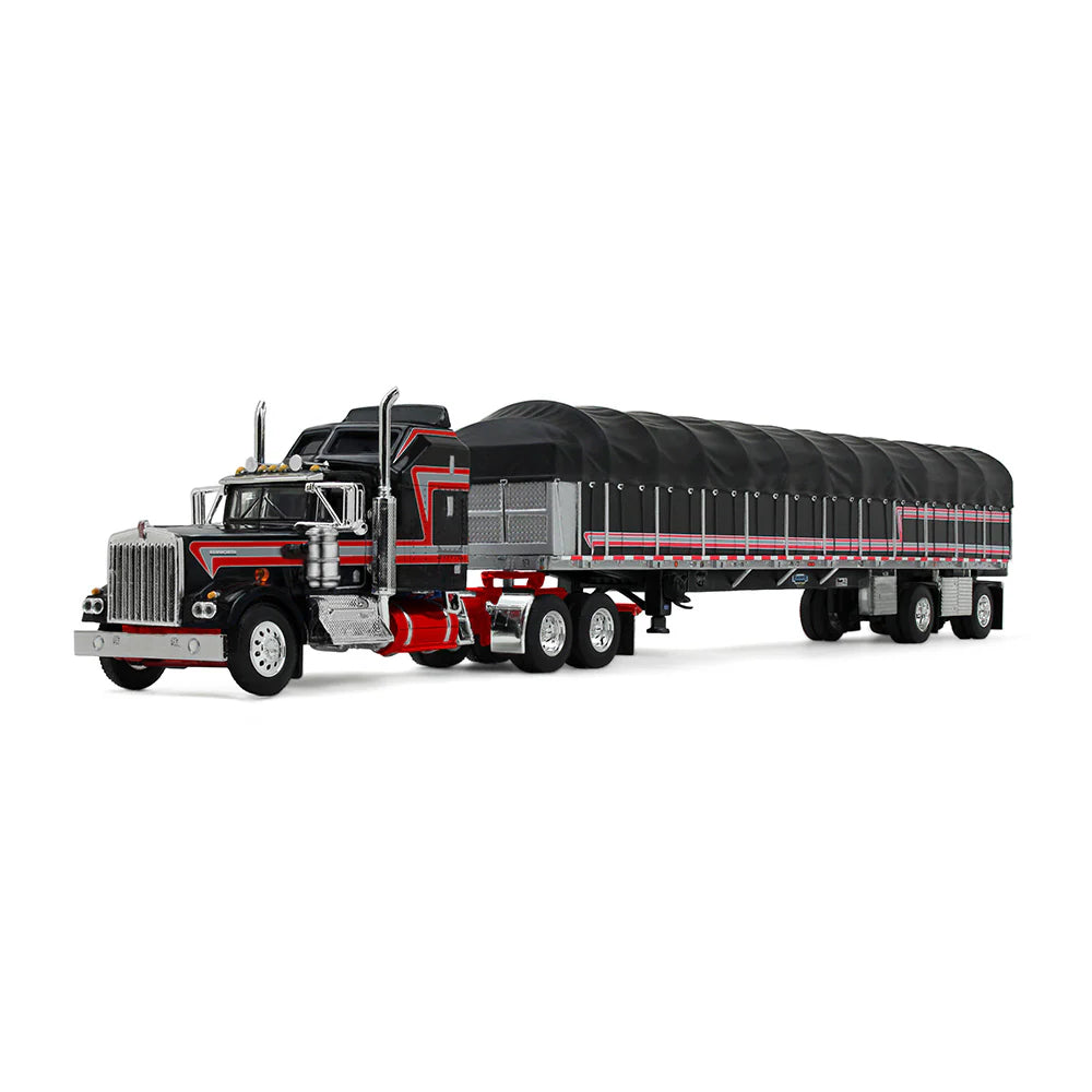 Kenworth W900A Semi Truck with Wilson Roadbrute Flatbed &amp; Covered Wagon, Black/Red, DCP by First Gear 1/64
