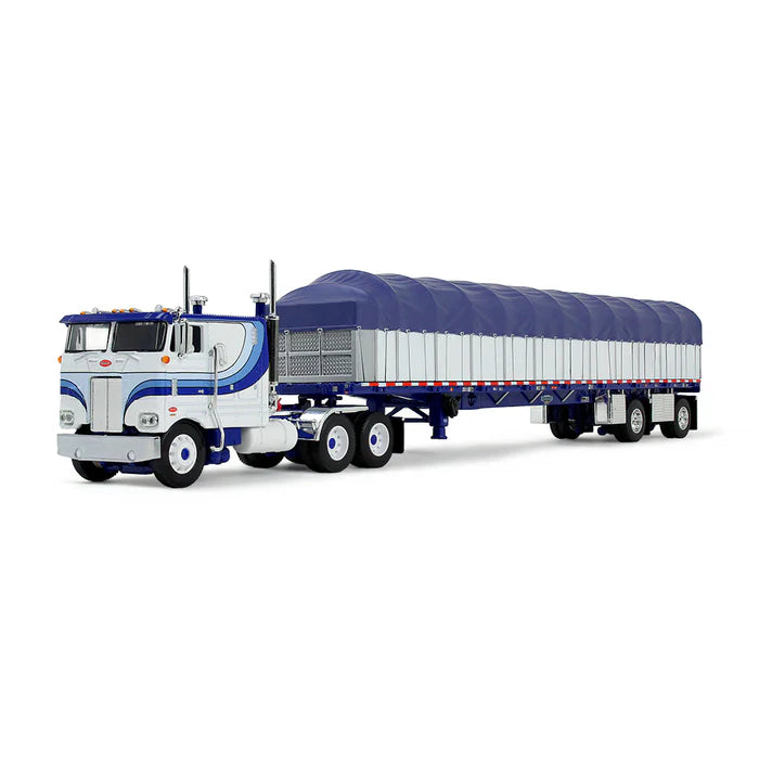 Peterbilt 352 COE Semi Truck with Wilson Roadbrute Flatbed &amp; Covered Wagon, White/Blue, DCP by First Gear 1/64