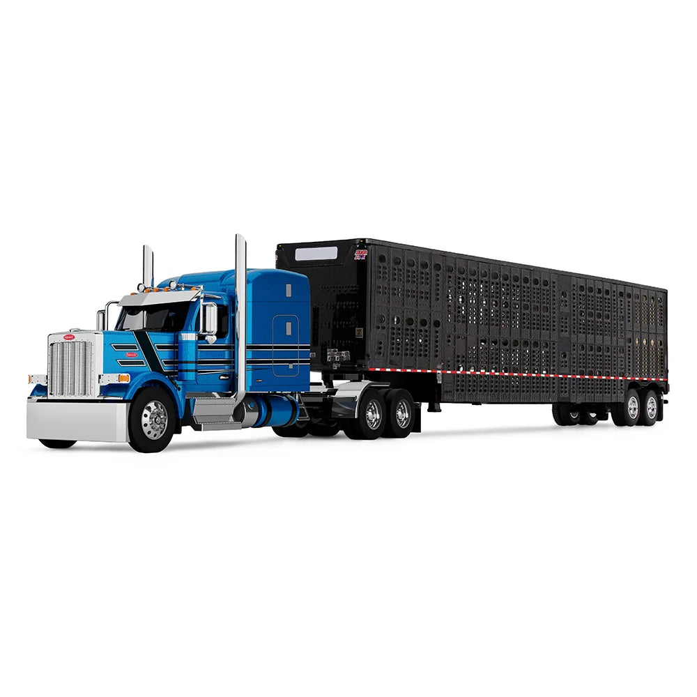 Peterbilt 589 bleu vif et noir avec remorque à bétail Wilson Silverstar DCP by First Gear 1:64 – 60-2172