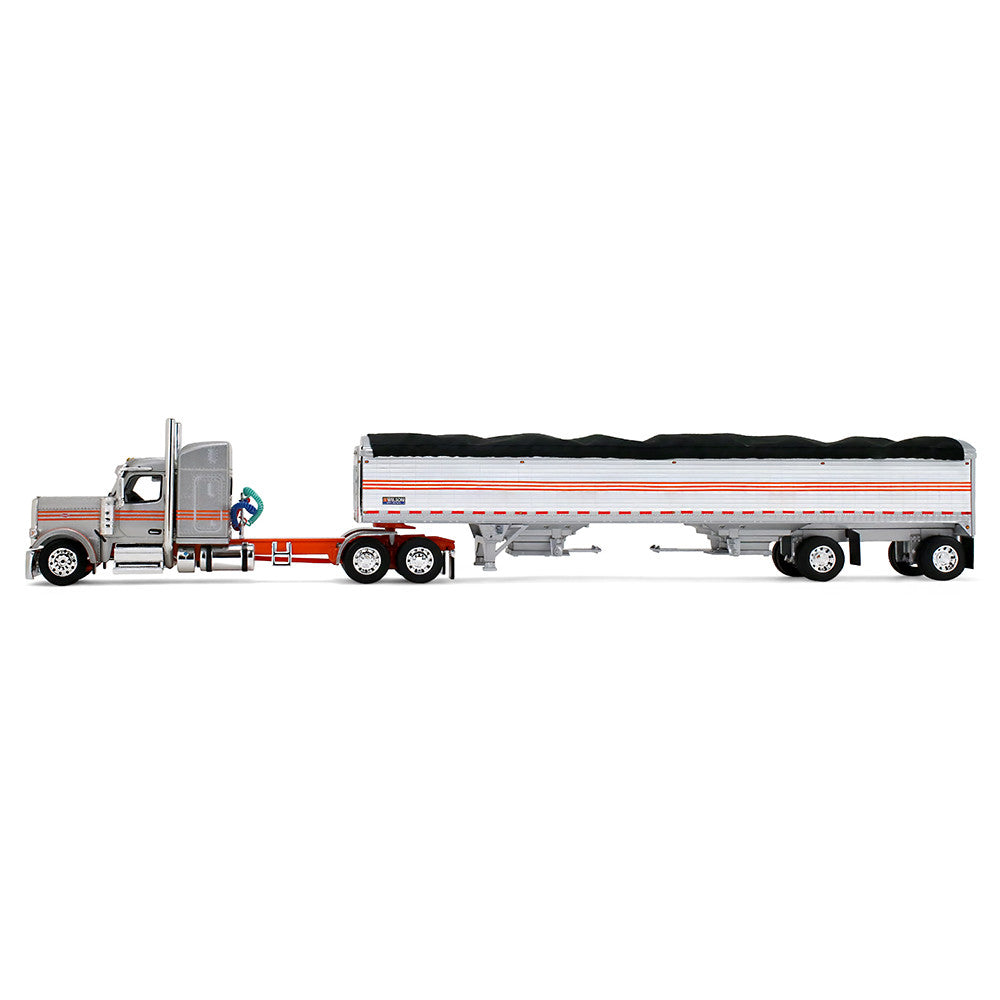First Gear 1:64 Peterbilt Model 589 Silver/Orange with 50’ Wilson Pacesetter Grain Trailer – 60-2173