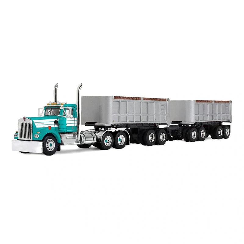 Kenworth W900A Day Cab 1/64 with 22’ Dual End Dump Trailers Turquoise/White (60-2291)