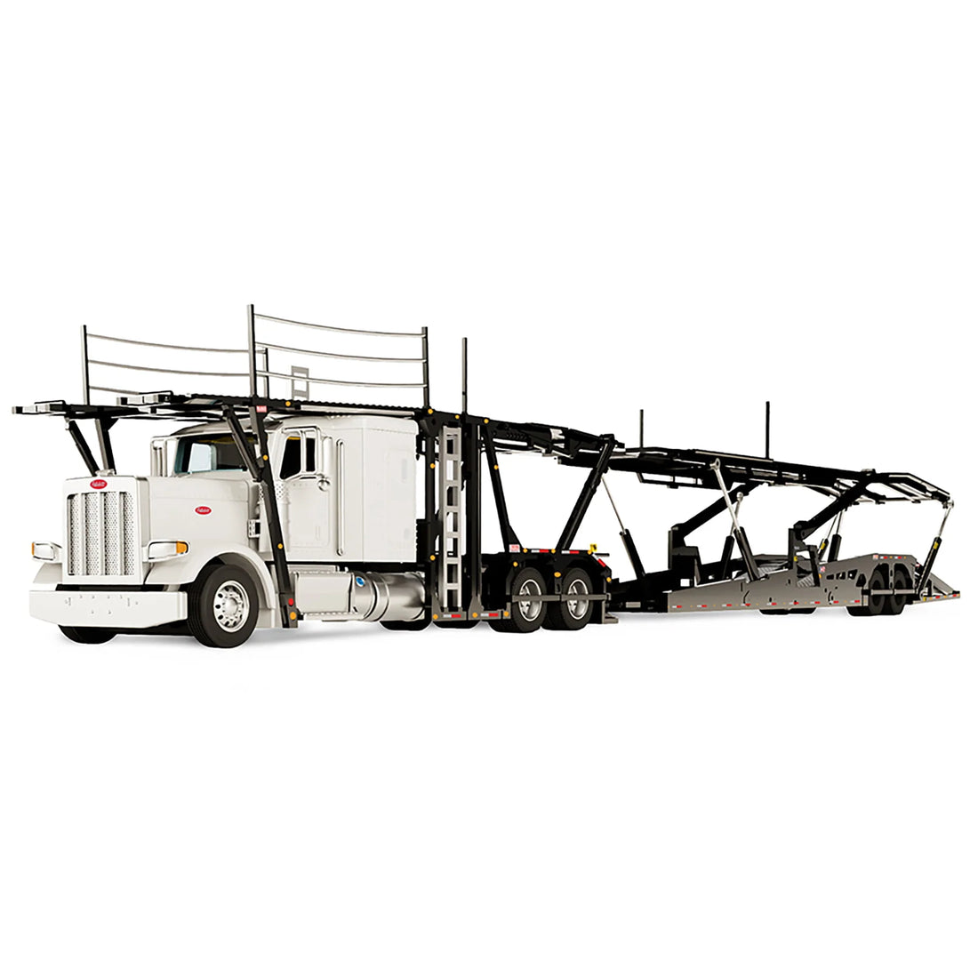 (PRE-ORDER 2026/2027) DCP by First Gear 1:64 Peterbilt 389 Semi Truck with Boydstun 9106-48EZ Car Carrier Trailer – White &amp; Black – Outback Toys Exclusive 60-2318