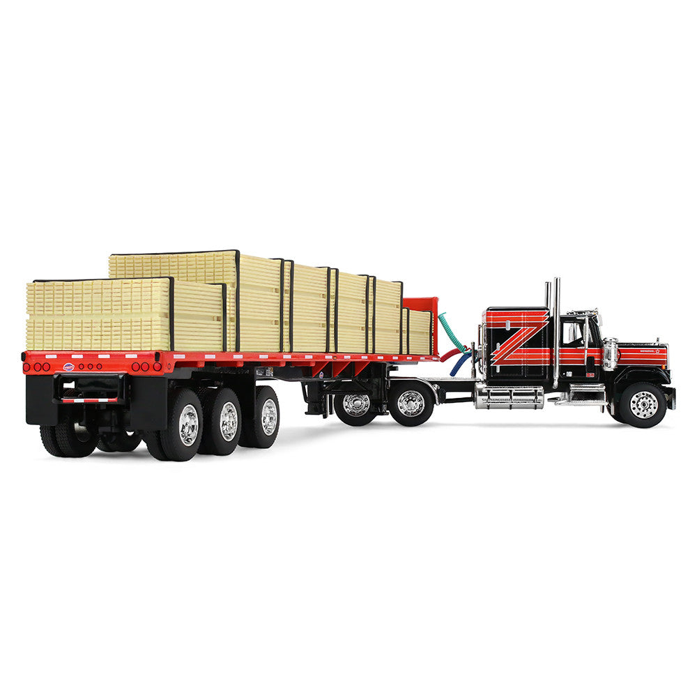 First Gear 1:64 GMC General noir/rouge avec couchette Flat Top 60 po et remorque Utility Flatbed 48 pi avec chargement de bois – 60-2344
