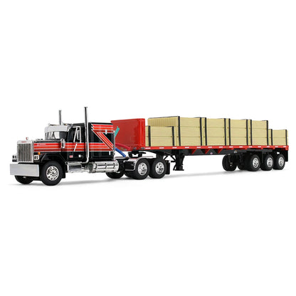 First Gear 1:64 GMC General noir/rouge avec couchette Flat Top 60 po et remorque Utility Flatbed 48 pi avec chargement de bois – 60-2344
