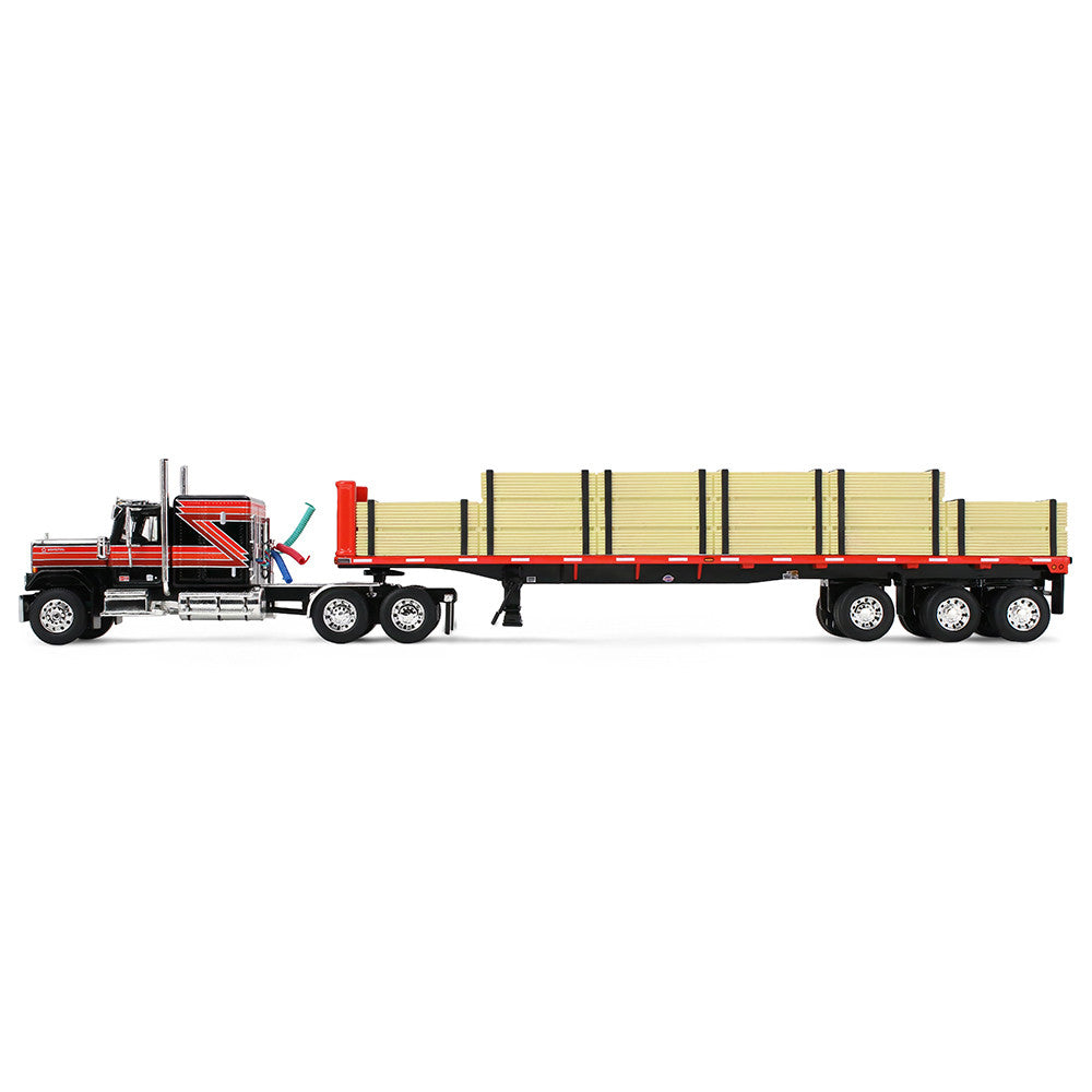 First Gear 1:64 GMC General noir/rouge avec couchette Flat Top 60 po et remorque Utility Flatbed 48 pi avec chargement de bois – 60-2344