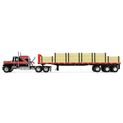 First Gear 1:64 GMC General noir/rouge avec couchette Flat Top 60 po et remorque Utility Flatbed 48 pi avec chargement de bois – 60-2344
