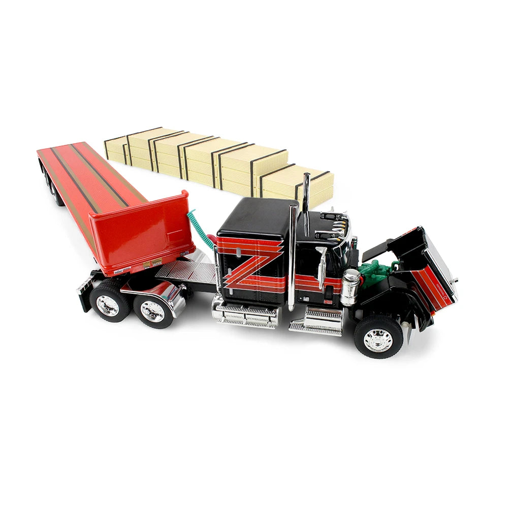 First Gear 1:64 GMC General noir/rouge avec couchette Flat Top 60 po et remorque Utility Flatbed 48 pi avec chargement de bois – 60-2344