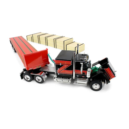 First Gear 1:64 GMC General noir/rouge avec couchette Flat Top 60 po et remorque Utility Flatbed 48 pi avec chargement de bois – 60-2344