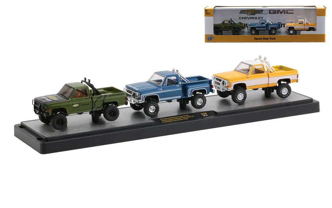 1973 Chevrolet Cheyenne Super 10 4x4, 1976 Chevrolet Scottsdale Chevy Sport 4x4 &amp; 1976 GMC Sierra Grande 15 4x4 (36000-S39A) - M2 Machines Auto-Haulers Walmart Release S39