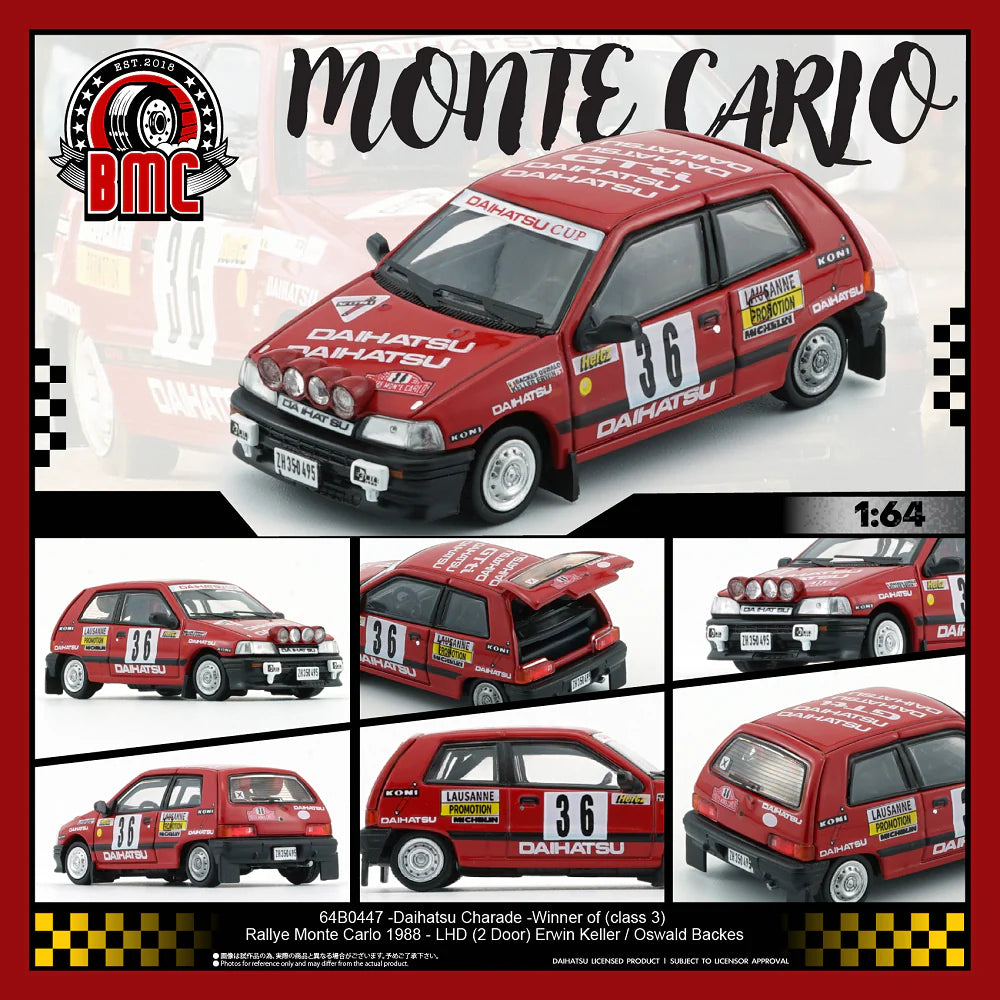 (PRE-ORDER 2025) BM CREATIONS 1/64 - Daihatsu Charade - 1988 Monte Carlo Rallye Winner - LHD - E. Keller / O. Backes - 64B0447
