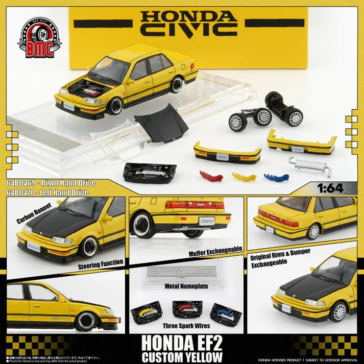 (PRE-ORDER 2026) Honda Civic EF2 1991 Custom Yellow with Black Bonnet LHD 1:64 BM Creations 64B0470