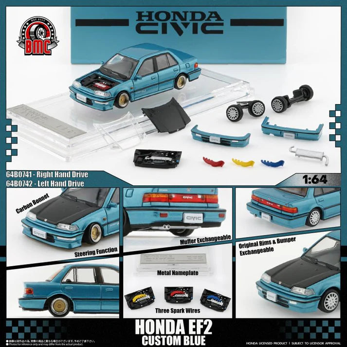 (PRE-ORDER 2026) Honda Civic EF2 1991 Custom Blue with Black Bonnet LHD 1:64 BM Creations 64B0472