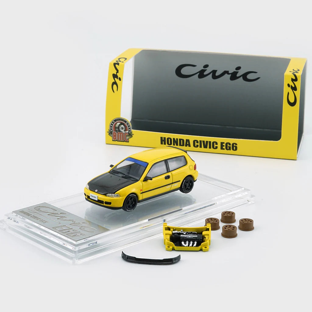 BM CREATIONS 1/64 - Honda EG6 - Yellow W/ Carbon Hood (RHD) - TAS HK 2025 Limited Version - 64B0483