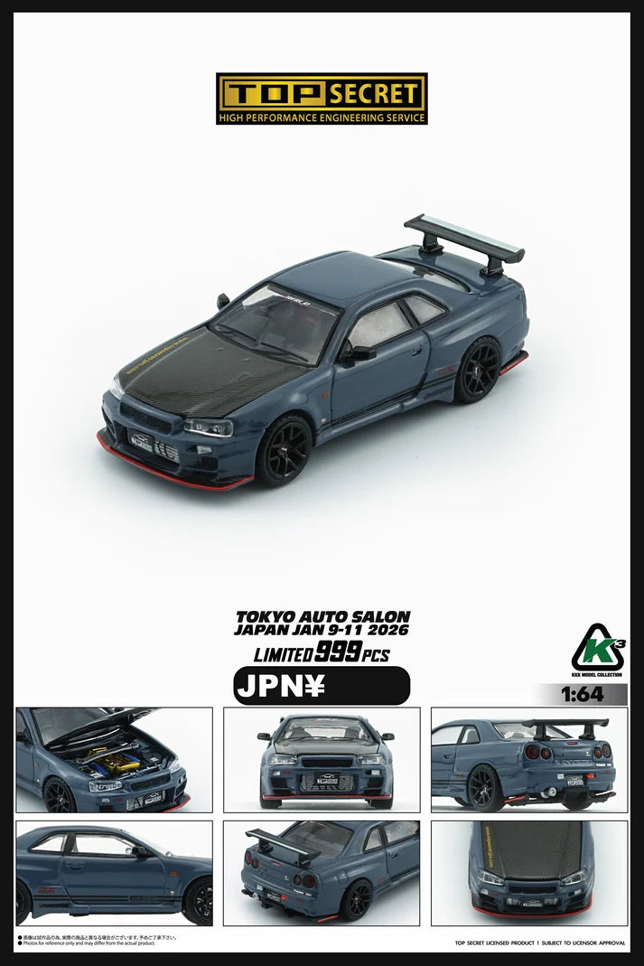 K3 1:64 Top Secret Nissan Skyline GT-R BNR34 Grey Blue with Carbon Bonnet – Tokyo Auto Salon 2026 Limited Version – 64B0498