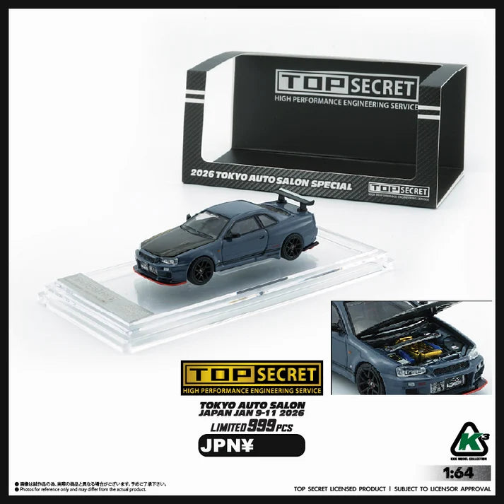 K3 1:64 Top Secret Nissan Skyline GT-R BNR34 Grey Blue with Carbon Bonnet – Tokyo Auto Salon 2026 Limited Version – 64B0498