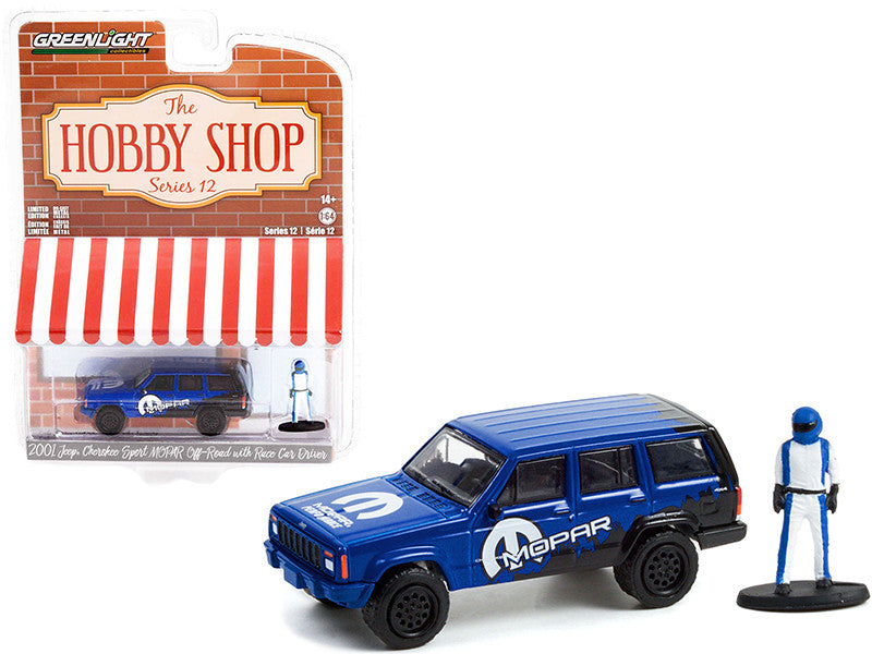 2001 Jeep Cherokee Sport Off-Road "Mopar" Blue and Black and Race Car Driver Figurine, "The Hobby Shop" Series 15