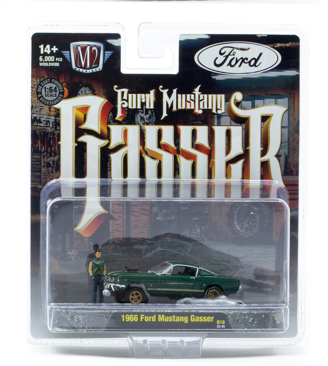 1966 Ford Mustang Gasser in Green with Varsity Kid Figure (67500-19-D)(M2 Machines Diorama, Release 19)