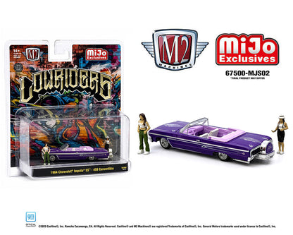 M2 Machines - Diorama Series 1964 Chevrolet Impala SS Convertible Top-Down Lowriders with 2 Ladies Figures – Metallic Purple – Mijo Exclusives  67500-MJS02