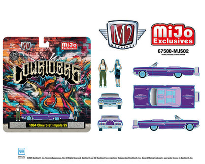 M2 Machines - Diorama Series 1964 Chevrolet Impala SS Convertible Top-Down Lowriders with 2 Ladies Figures – Metallic Purple – Mijo Exclusives  67500-MJS02