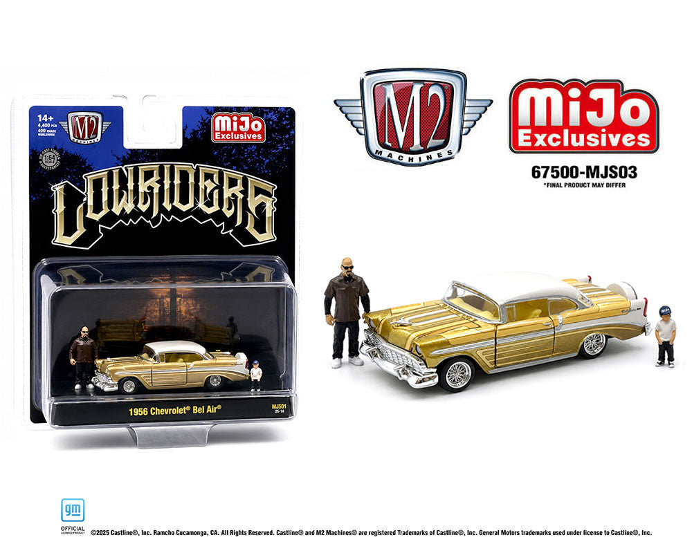 M2 Machines 1:64 Diorama Series 1956 Chevrolet Bel Air Lowriders with 2 Dad &amp; Son Figures – Beige Gold – Mijo Exclusives  67500-MJS03