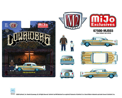 M2 Machines 1:64 Diorama Series 1956 Chevrolet Bel Air Lowriders with 2 Dad &amp; Son Figures – Beige Gold – Mijo Exclusives  67500-MJS03