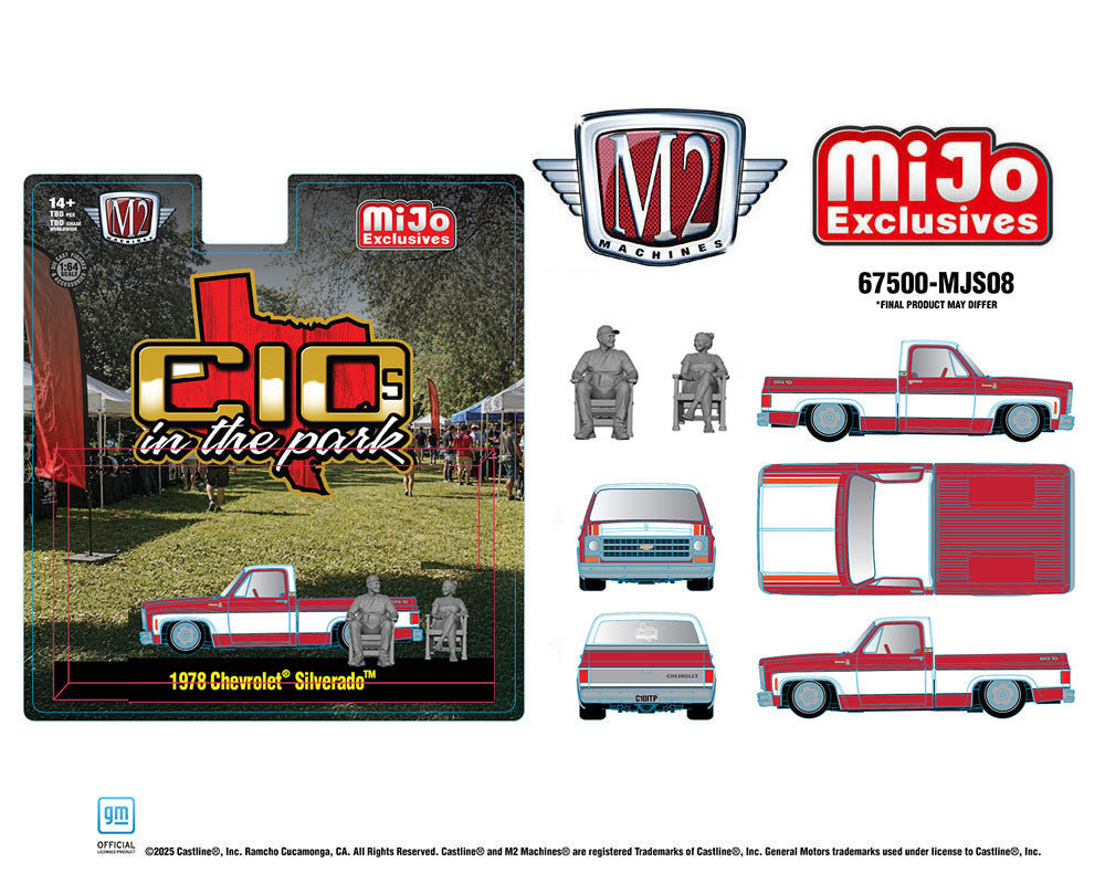 (PRE-ORDER 2026) M2 Machines 1:64-Diorama Series 2026 “C10s In The Park” 1978 Chevrolet Silverado w 2 Figures – Two-Tone Red White-Mijo Exclusives  67500-MJS08