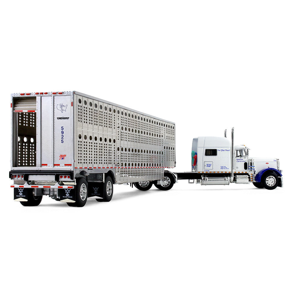 Peterbilt 379 National Carriers avec couchette Mid-Roof 70 po et remorque à bétail Wilson Silverstar Legacy Series 