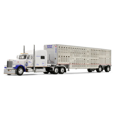 Peterbilt 379 National Carriers avec couchette Mid-Roof 70 po et remorque à bétail Wilson Silverstar Legacy Series 