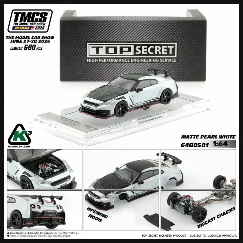 BM Creations K3 1:64 Nissan GT-R (R35) TOP SECRET – Blanc nacré mat – TMCS Malaysia 2026 – 64B0501