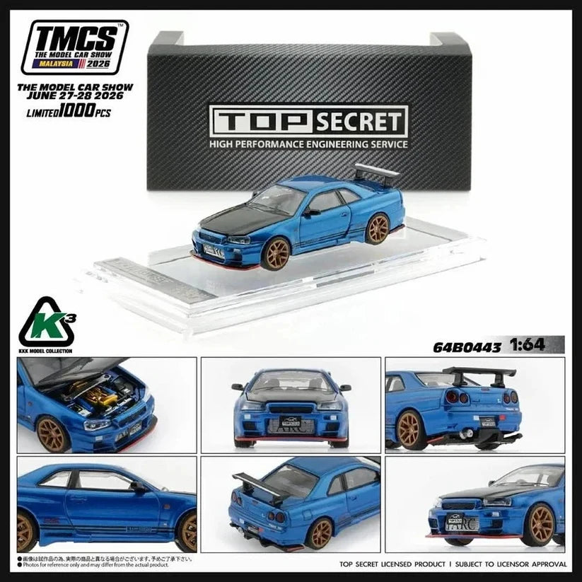 BM Creations K3 1:64 Nissan Skyline GT-R (R34) TOP SECRET – Bayside Blue – TMCS Malaysia 2026 – 64B0443