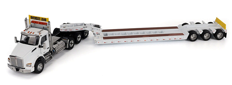 Kenworth T880 SBFA Daycab Tridem Tractor in White with Trail King TK120 HDG Lowboy Trailer
