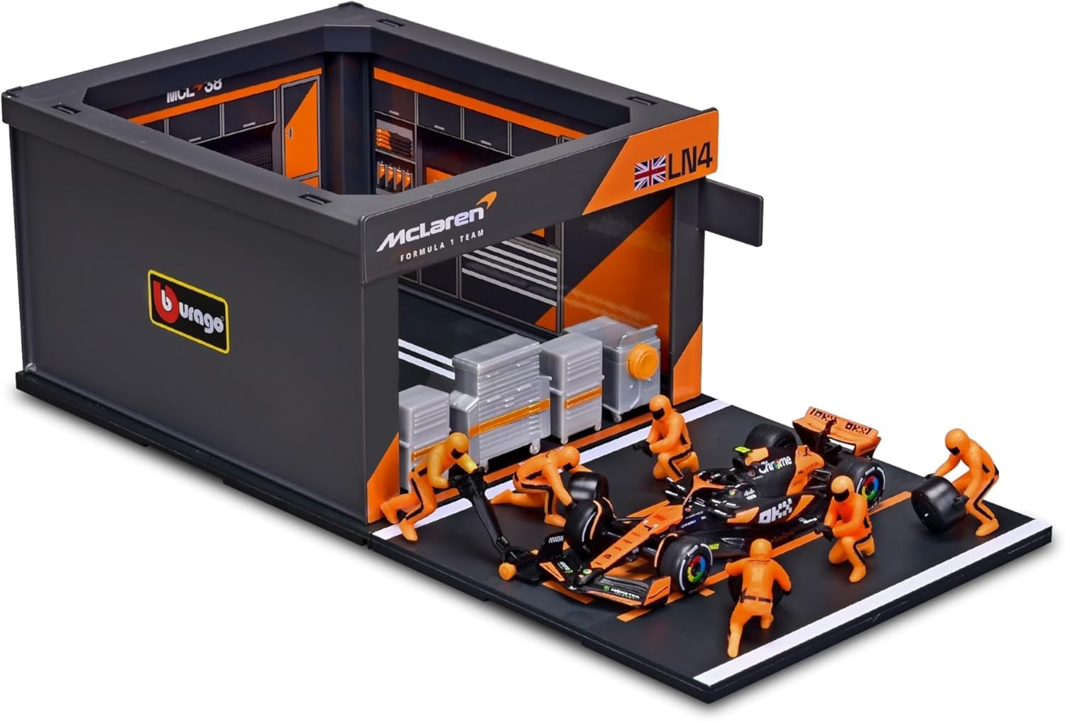 Bburago Diorama-1:43-2024 Formula Race McLaren MCL38 Pit Pass Paddock Set, Norris 