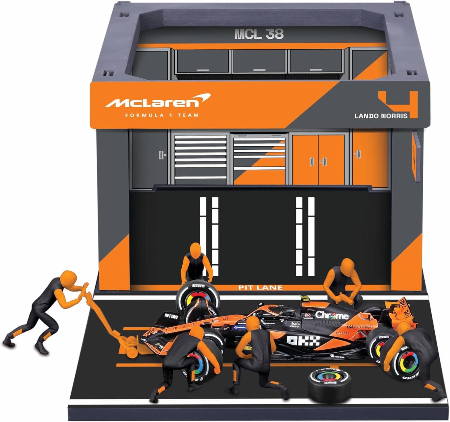 Bburago Diorama-1:43-2024 Formula Race McLaren MCL38 Pit Pass Paddock Set, Norris 